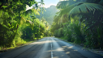 empty road in jungle of Seychelles islands with green plants and sun shining background