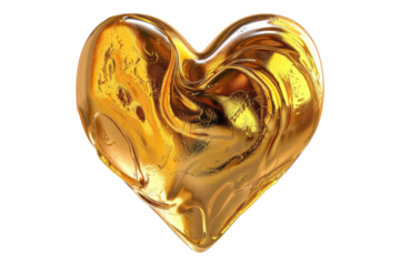 Golden metallic liquid heart isolated on white background