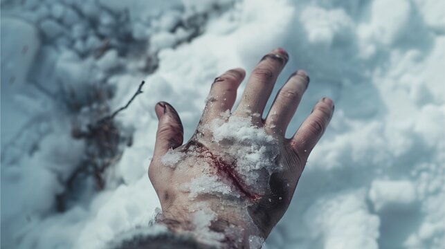 Hands with sores and infections from the cold and snow Ice bites the hand and causes a wound.