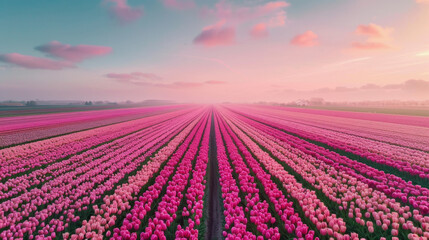 Fototapeta premium A breathtaking view of a vast field of pink tulips in full bloom, illuminated by the soft light of sunrise. 