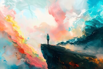 A man stands on a cliff overlooking a colorful landscape. The sky is filled with clouds and the colors are vibrant and intense. Concept of awe and wonder