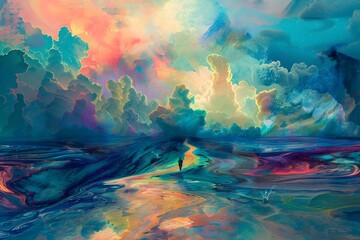 A colorful painting of a person walking on a path in front of a cloudy sky. The mood of the painting is serene and peaceful, with the person walking alone and the clouds creating a sense of calmness
