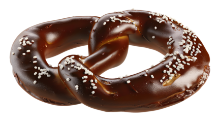 Delicious, dark brown pretzel with sprinkled salt on a white background, perfect for food and snack-themed designs or marketing.