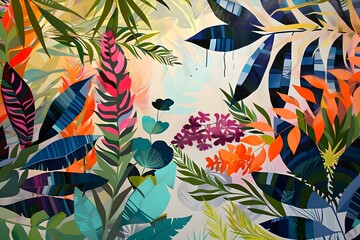 A painting of a jungle scene with many different colored leaves and flowers. The painting is full of vibrant colors and has a lively, tropical feel to it