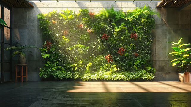 The image shows a room with a green wall full of plants.