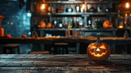 A halloween pumpkin on a wooden table in front of a bar