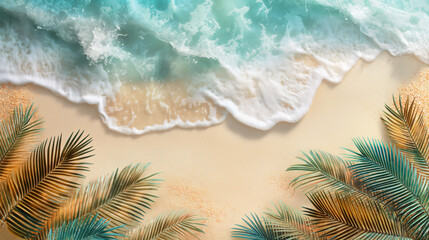 The photo shows the top view of the beach with turquoise sea water and white sand. There are green palm leaves in the foreground.