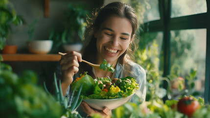 Woman eating salad with chopsticks