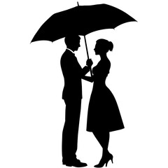 A Romantic couple holding umbrella vector silhouette, isolated white background