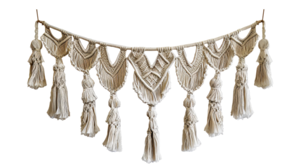 Handmade macrame wall hanging with intricate knots and tassels, perfect for boho decor and adding a rustic touch to any room.