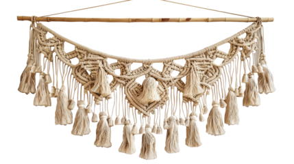 Handmade macrame wall hanging with intricate knots and tassels, perfect for bohemian home decor. Adds a rustic and artistic touch to any space.
