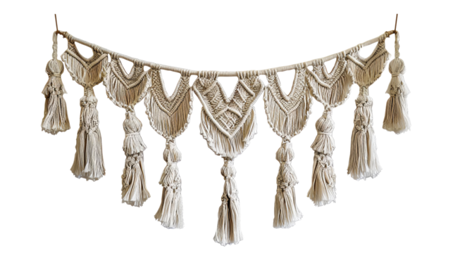 Handmade macrame wall hanging with intricate knots and tassels, perfect for boho decor and adding a rustic touch to any room.