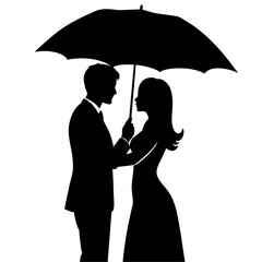 A Romantic couple holding umbrella vector silhouette, isolated white background