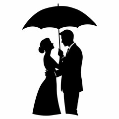 A Romantic couple holding umbrella vector silhouette, isolated white background