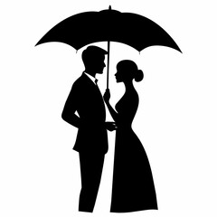 A Romantic couple holding umbrella vector silhouette, isolated white background