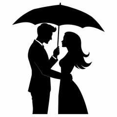 A Romantic couple holding umbrella vector silhouette, isolated white background