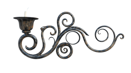 Intricate wrought iron candle holder with elegant swirls and a single candle, perfect for vintage or rustic decor settings.