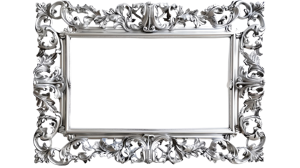 Intricately designed empty silver picture frame with decorative floral elements. Idea for art, photo displays, and home decor.
