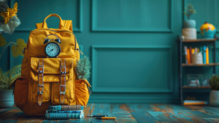 Excitement of returning to school with a yellow backpack featuring an alarm clock and school essentials, set against a vibrant green background for a lively back-to-school concept.