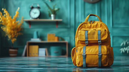 Excitement of returning to school with a yellow backpack featuring an alarm clock and school essentials, set against a vibrant green background for a lively back-to-school concept.