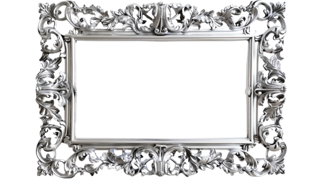 Intricately designed empty silver picture frame with decorative floral elements. Idea for art, photo displays, and home decor.