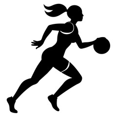 a slim female basketball run fast, holding the ball vector silhouette, isolated white background