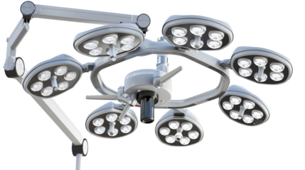Modern surgical light fixture with multiple LED panels for bright and precise illumination in operating rooms. Ideal for medical and healthcare settings.