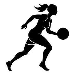 a slim female basketball run fast, holding the ball vector silhouette, isolated white background