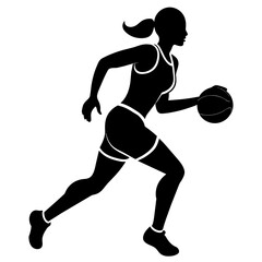 a slim female basketball run fast, holding the ball vector silhouette, isolated white background
