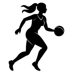 a slim female basketball run fast, holding the ball vector silhouette, isolated white background