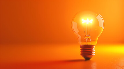 Glowing light bulb on orange background