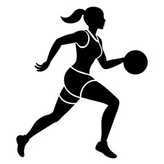 a slim female basketball run fast, holding the ball vector silhouette, isolated white background
