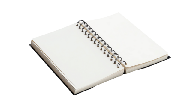 Open spiral notebook with blank white pages isolated on transparent background, perfect for writing, sketching, and note-taking.