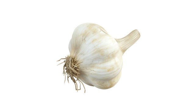 A single garlic bulb isolated on transparent background, showcasing roots and natural texture.