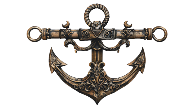Ornate vintage anchor in detailed metal design, evoking a sense of nautical adventure and maritime elegance. Suitable for decor or design inspiration.