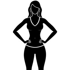 a slim woman stands with her hands on her hips, doing exercises vector silhouette