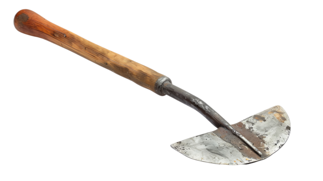 Rusty old garden hoe with a wooden handle. An antique farming tool used for gardening, weeding, and cultivating soil.