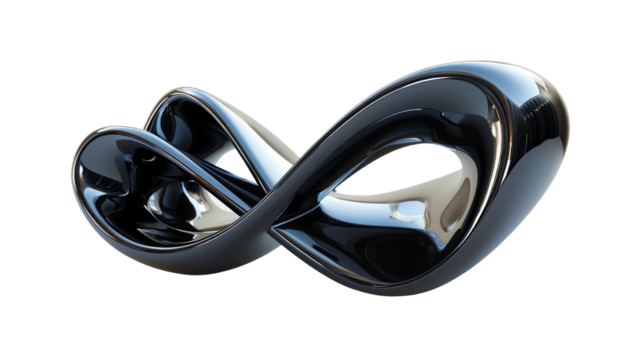 Sleek black infinity loop sculpture with reflective surface. Elegant and modern abstract design for art enthusiasts and contemporary decor.