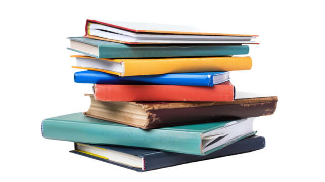 Stack of colorful books and journals piled together, isolated on transparent background. Idea for education, learning, and literature concepts.