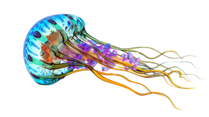 Vibrant illustration of a colorful jellyfish with intricate patterns and glowing tentacles in a transparent background. Perfect for marine-themed designs.