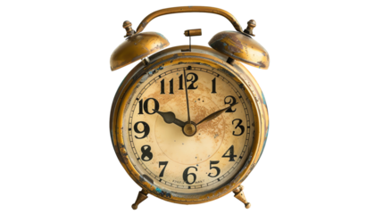 Vintage brass alarm clock with a weathered face showing wear from age, symbolizing the passage of time and nostalgia.