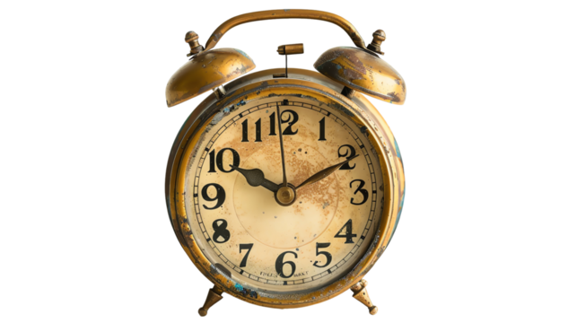 Vintage brass alarm clock with a weathered face showing wear from age, symbolizing the passage of time and nostalgia.