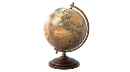 Vintage world globe on a wooden stand, depicting detailed geographical features and antique style cartography, idea for educational purposes.