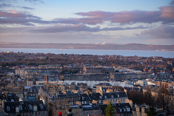 Edinburgh Scotland: 13th Feb 2024: Edinburgh city skyline and  Firth of Forth view from Carlton...