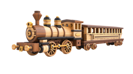 Wooden toy train on white background. Classic design with intricate details and craftsmanship. Ideal for children and vintage toy enthusiasts.