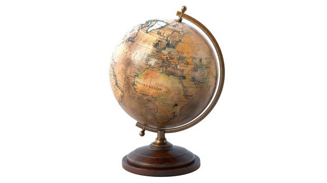 Vintage world globe on a wooden stand, depicting detailed geographical features and antique style cartography, idea for educational purposes.