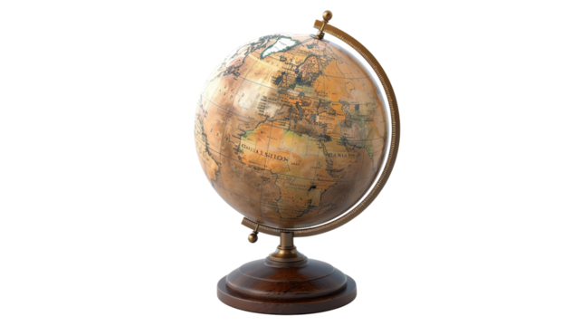 Vintage world globe on a wooden stand, depicting detailed geographical features and antique style cartography, idea for educational purposes.