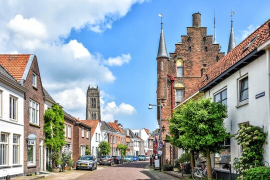 Zaltbommel.In the background the Tower of St. Martin's Church and in the foreground the city castle.Zaltbommel, Bommelerwaard, Gelderland, Netherlands, Holland, Europe.