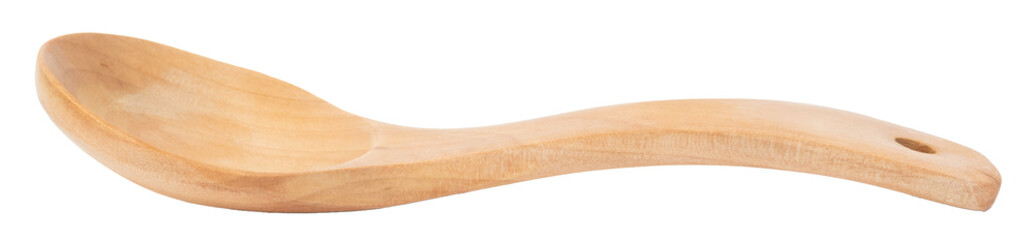 Wooden spoon isolated on transparent background, typical kitchen utensil, lateral view