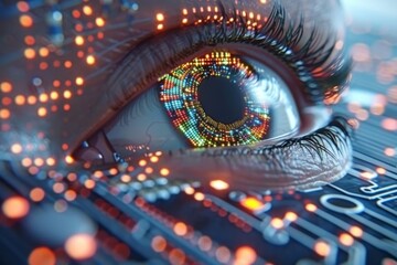 Close up of a blue eye with colorful digital reflections, captured in a high tech setting, symbolizing advanced technology and connectivity